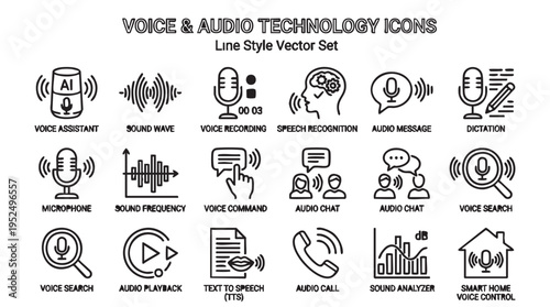 Voice and audio technology icons in line style vector set for web design