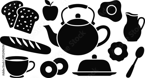 Breakfast food and kitchen icons set, teapot cup bread apple donut egg and utensils silhouettes for cafe menu vector