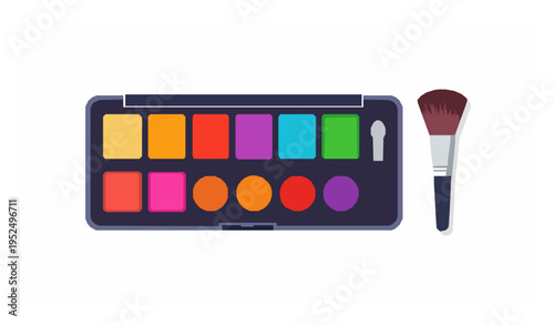 Colorful eyeshadow palette and brush vector cosmetic set isolated on white