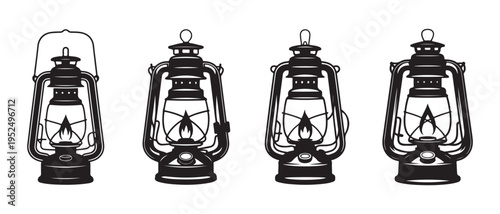 Vintage lanterns in a row on a white background.