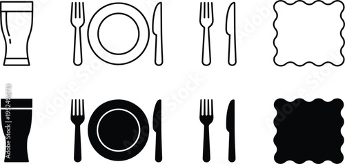 Dining table icon set, restaurant tableware symbols, fork knife plate glass and napkin icons, outline and solid minimal kitchen vector illustration