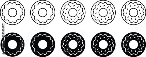 Donut icon set collection, line art donut symbols, black and white bakery icons, sweet dessert outline illustration, minimal pastry vector icons