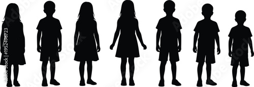 Black Silhouette Set of Diverse Little Children Boys and Girls Standing in a Row Isolated on White Background for School Education and Youth Community