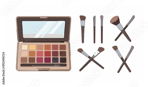 Makeup palette and brush vector collection with eyeshadow cosmetic tools isolated on white background