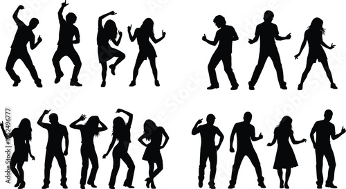 Dancing people silhouettes collection, men and women dancing in party poses, energetic dance moves isolated illustration set for nightlife concept