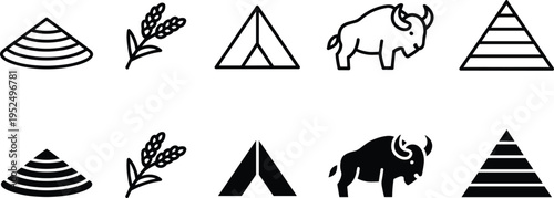 Egypt culture and history icons set with pyramid wheat buffalo desert hill ancient symbol vector illustration collection