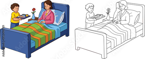 Little son bringing breakfast in bed for mother coloring page set with cartoon illustration and black white line art vector