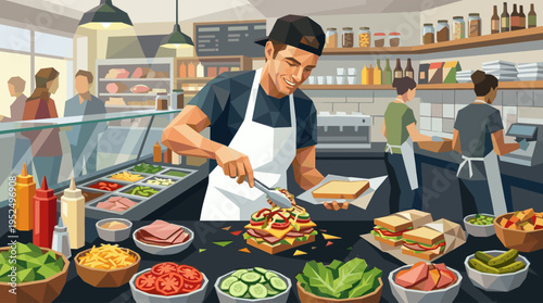 A smiling male worker in an apron assembles a fresh sandwich with various toppings at a bustling deli counter, showcasing friendly customer service and food preparation.