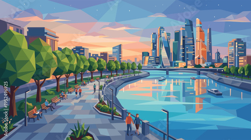 A low-poly vector illustration of a modern city at sunset, with people relaxing in a green park along a reflective riverfront.