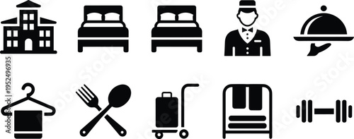 Hotel and hospitality service icons set with building bed bellboy room service luggage restaurant towel hanger gym fitness vector symbols