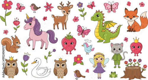 A collection of cute cartoon characters featuring woodland animals, magical creatures and flowers isolated on white background, Vector