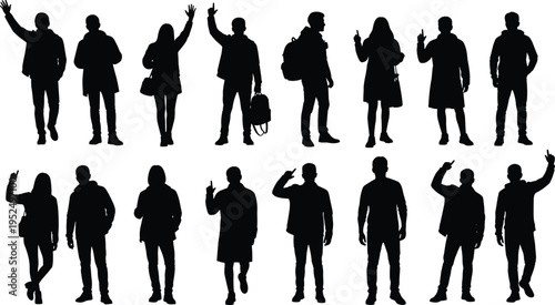 People silhouettes waving and greeting collection, men and women standing gestures with bags and coats isolated black vector illustration set
