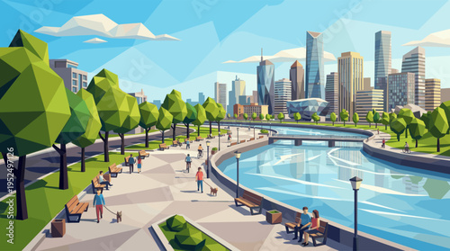 Geometric low poly illustration of a modern urban park on a sunny day. People relax on benches and walk dogs by a river with a city skyline.