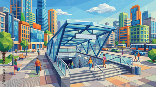 A vibrant, low-poly style vector illustration of a busy city with people walking on the sidewalk and entering a modern subway station.
