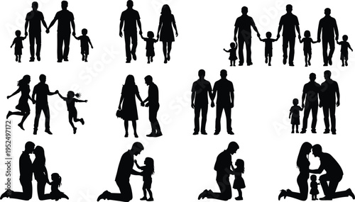 Family silhouettes collection with parents and children holding hands, happy family moments, parenting love and care concept isolated illustration set