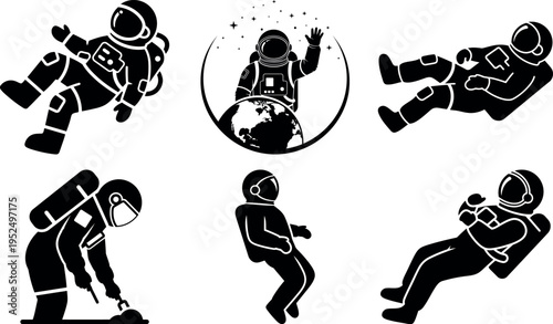 Collection of astronauts in various poses and activities isolated illustration