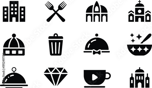 Hotel hospitality and luxury service icons set with building restaurant church concierge dining coffee diamond vector symbols collection