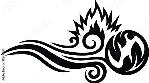 Abstract fire and wind energy logo design featuring flame swirl and dynamic flow symbol representing power speed strength and modern branding identity concept