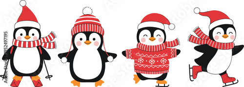 A collection of four cute cartoon penguins dressed in winter festive clothing for christmas time isolated on white background, Vector