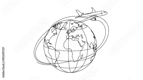 Minimalist Line Art Vector Illustration of an Airplane Flying Around a Detailed Globe, Symbolizing Global Travel, International Logistics, and Worldwide Connectivity on a Clean White Background