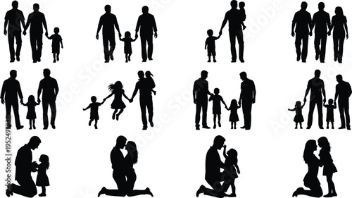 Family silhouettes set with parents and children walking together, loving family moments, parenting and childcare concept isolated illustration collection