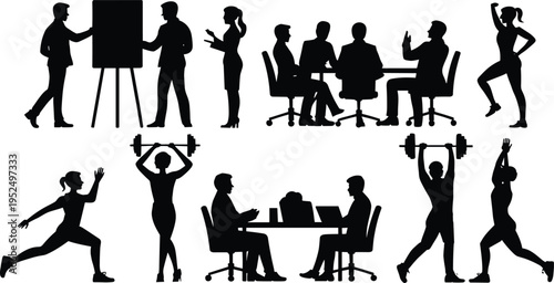 Business and fitness silhouettes collection featuring meeting, presentation, teamwork, running and weightlifting exercises isolated on white background for corporate lifestyle and 