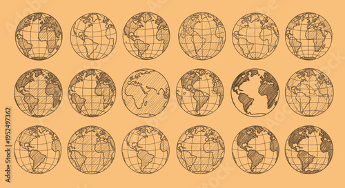 Vintage World Map Globes Illustration.