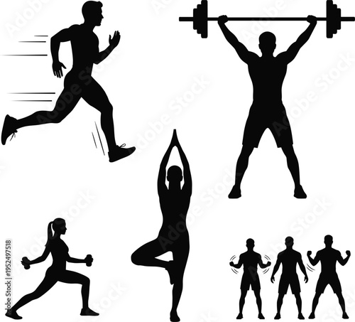 Fitness workout silhouettes set featuring running, weightlifting, yoga, strength training and cardio exercises isolated on white background for healthy lifestyle sports design concept