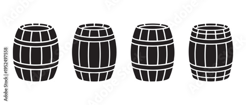Four black and white illustrations of wooden barrels in a row on a plain background.