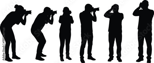 Photographer silhouettes collection, people taking photos with camera, professional photography activity concept isolated on white background illustration set