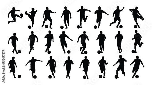 Collection of black silhouettes of soccer players in various poses