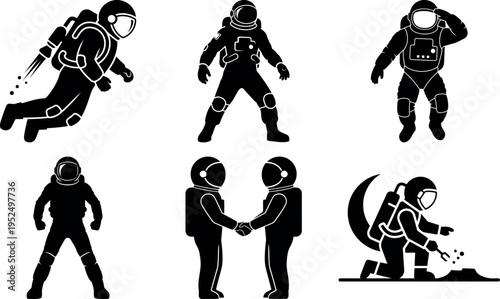 Collection of astronauts in various poses and activities isolated illustration set
