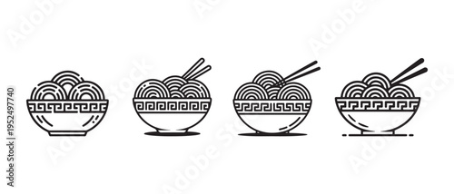 Four asian style noodle bowls with chopsticks illustrations.