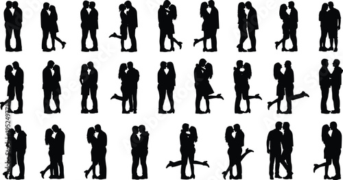 Romantic couple silhouette collection, men and women hugging and kissing poses, love relationship and romance concept set