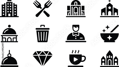 Hotel service and city landmark icons set with restaurant waiter building church coffee luxury vector symbols collection