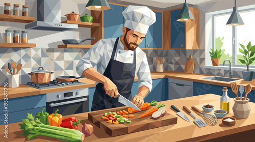 A professional male chef in a uniform carefully chops fresh vegetables like carrots on a wooden cutting board in a well-lit modern kitchen illustration.