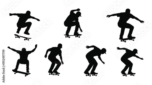 A group of people skateboarding in different poses