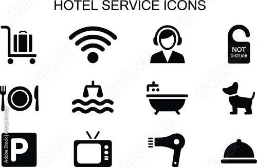 Hotel service icons set with luggage cart wifi support room service pool bathtub parking tv hair dryer vector hospitality collection
