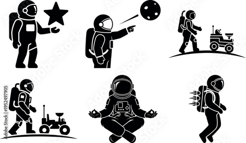 Cute astronaut icons set exploring space and moon with equipment isolated illustration