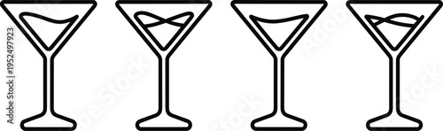 Martini cocktail glass outline icons set, alcohol drink symbol collection for bar menu nightlife beverage vector illustration isolated
