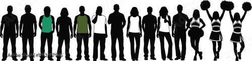 Group of people silhouettes and cheerleaders with pom poms, team supporters and casual crowd characters isolated illustration set