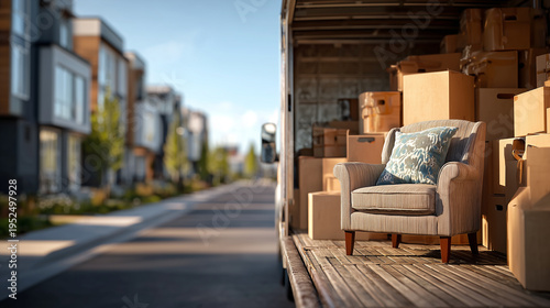 Moving truck loaded with cardboard boxes and armchair on residential street relocation and home moving service concept