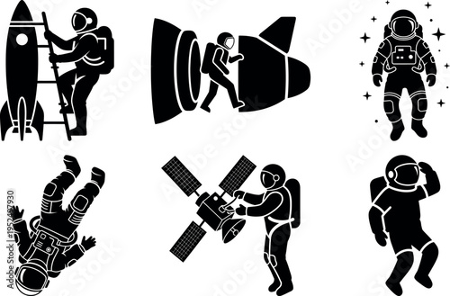 Collection of astronauts and space exploration icons isolated on transparent background