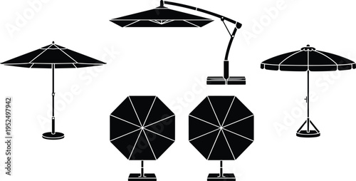 Outdoor patio umbrella icons set, beach and garden parasol sunshade silhouettes for terrace cafe furniture vector collection isolated