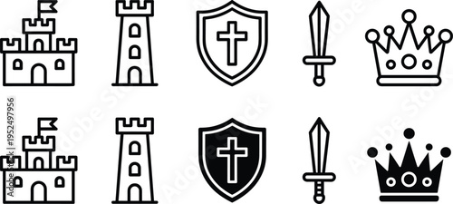 Medieval castle crown sword and shield icon set, kingdom fantasy symbols, outline and solid royal medieval vector illustration collection