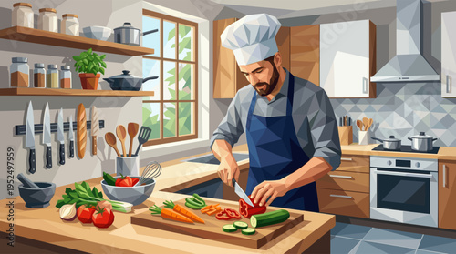 Vector illustration of a focused male chef in a hat and apron carefully chopping fresh vegetables for a healthy meal in a bright, modern sunlit kitchen.