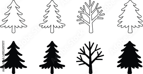 Pine tree icon collection, evergreen forest tree outline and silhouette icons, minimal nature vector set, winter Christmas tree symbols, simple woodland illustration
