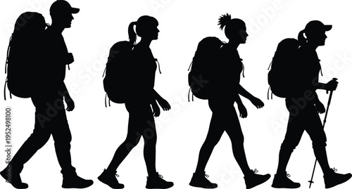 Hikers walking silhouette set, backpack travelers trekking collection, outdoor adventure people hiking with backpacks and trekking pole isolated vector illustration