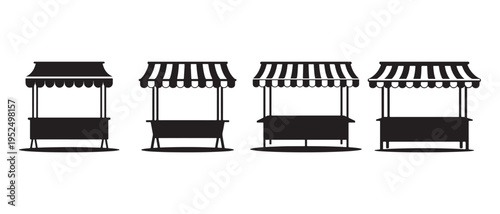 Four identical market stalls with striped awnings and shelves.
