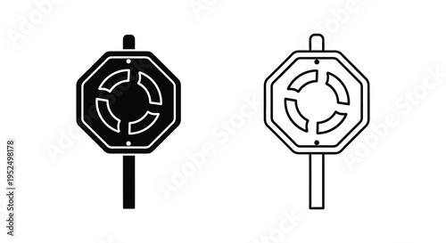 Two stop signs one filled and one outline black and white silhouette